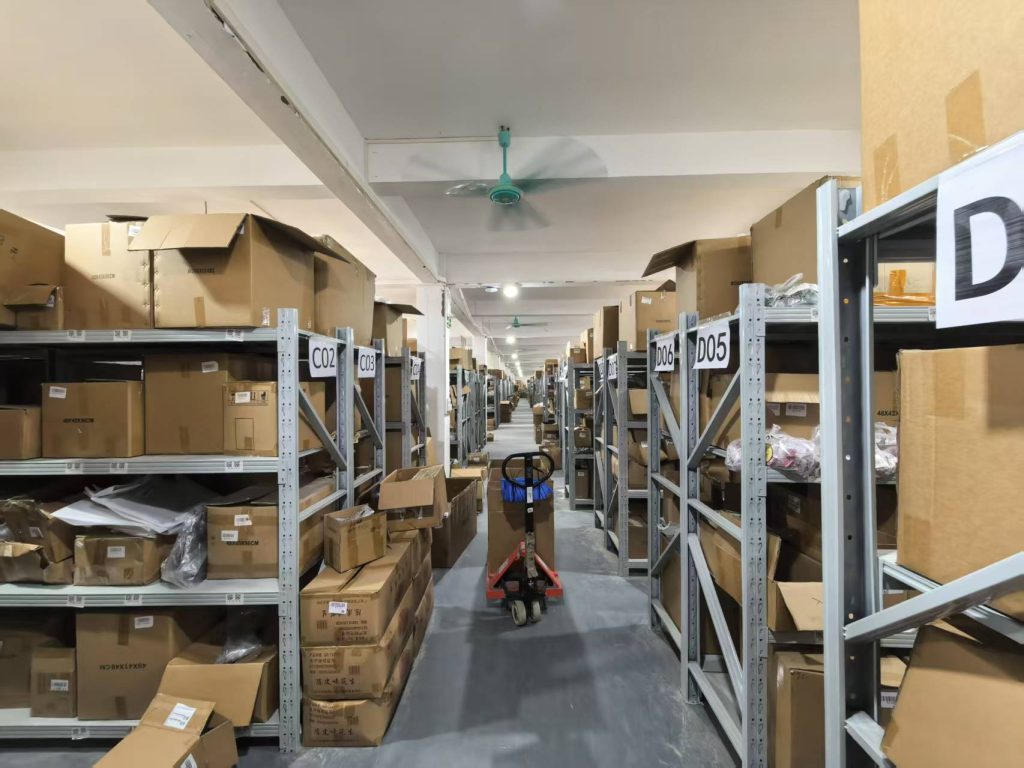 Organized warehouse storage shelves in China fulfillment center